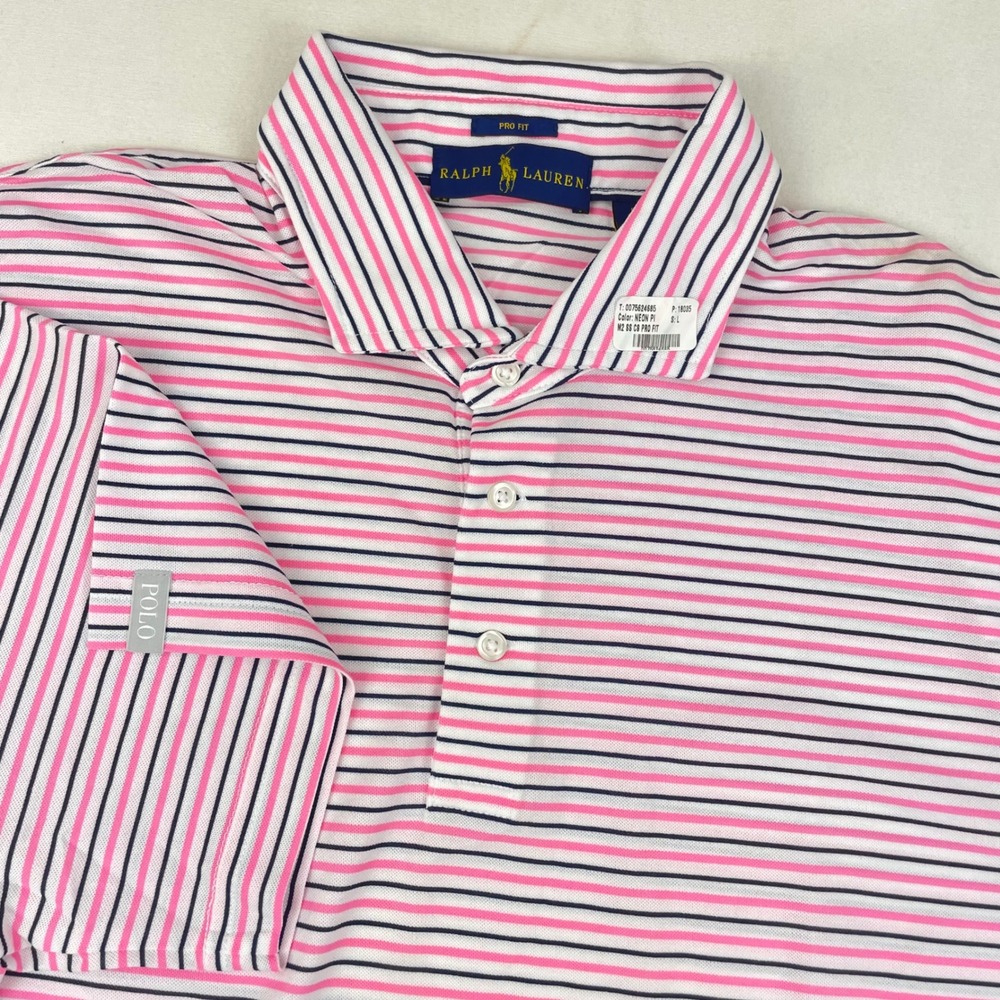 Ralph Lauren Pro Fit Men Polo Shirt Large Pink Navy Blue Striped Short Slv NWOT